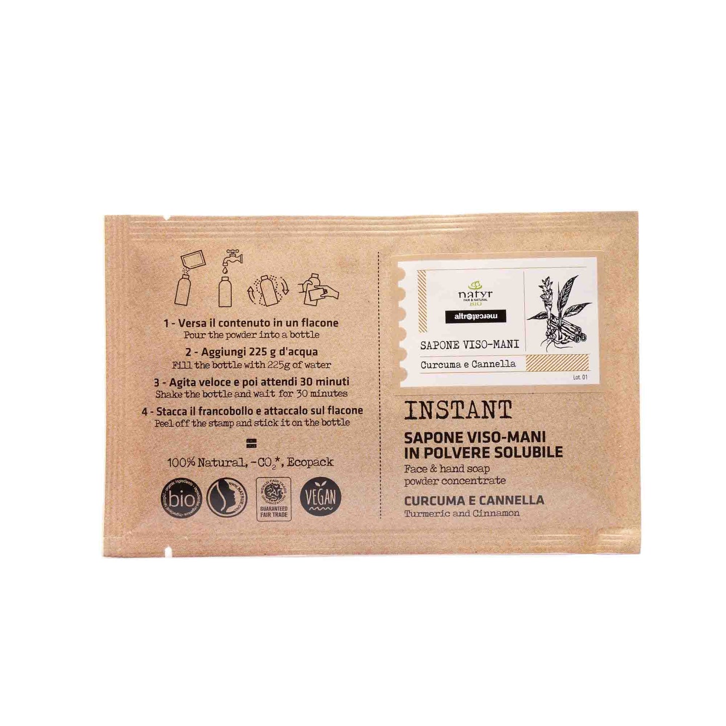 Sapone viso e mani in polvere solubile curcuma e cannella - bio | 25 gr