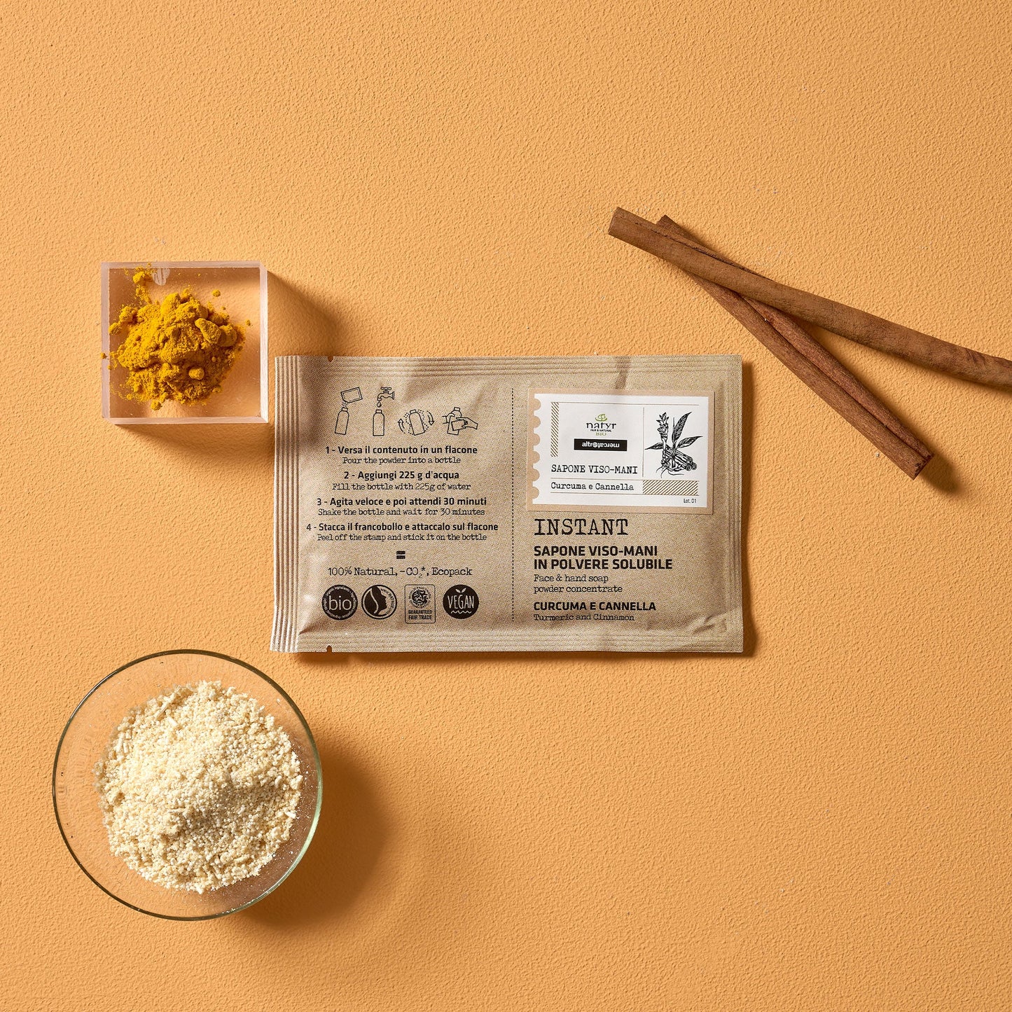 Sapone viso e mani in polvere solubile curcuma e cannella - bio | 25 gr