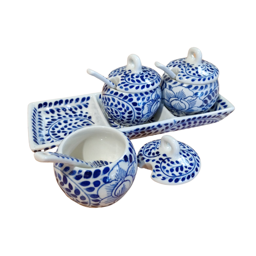 Vassoio con tre vasetti portasalse Peonia ceramica