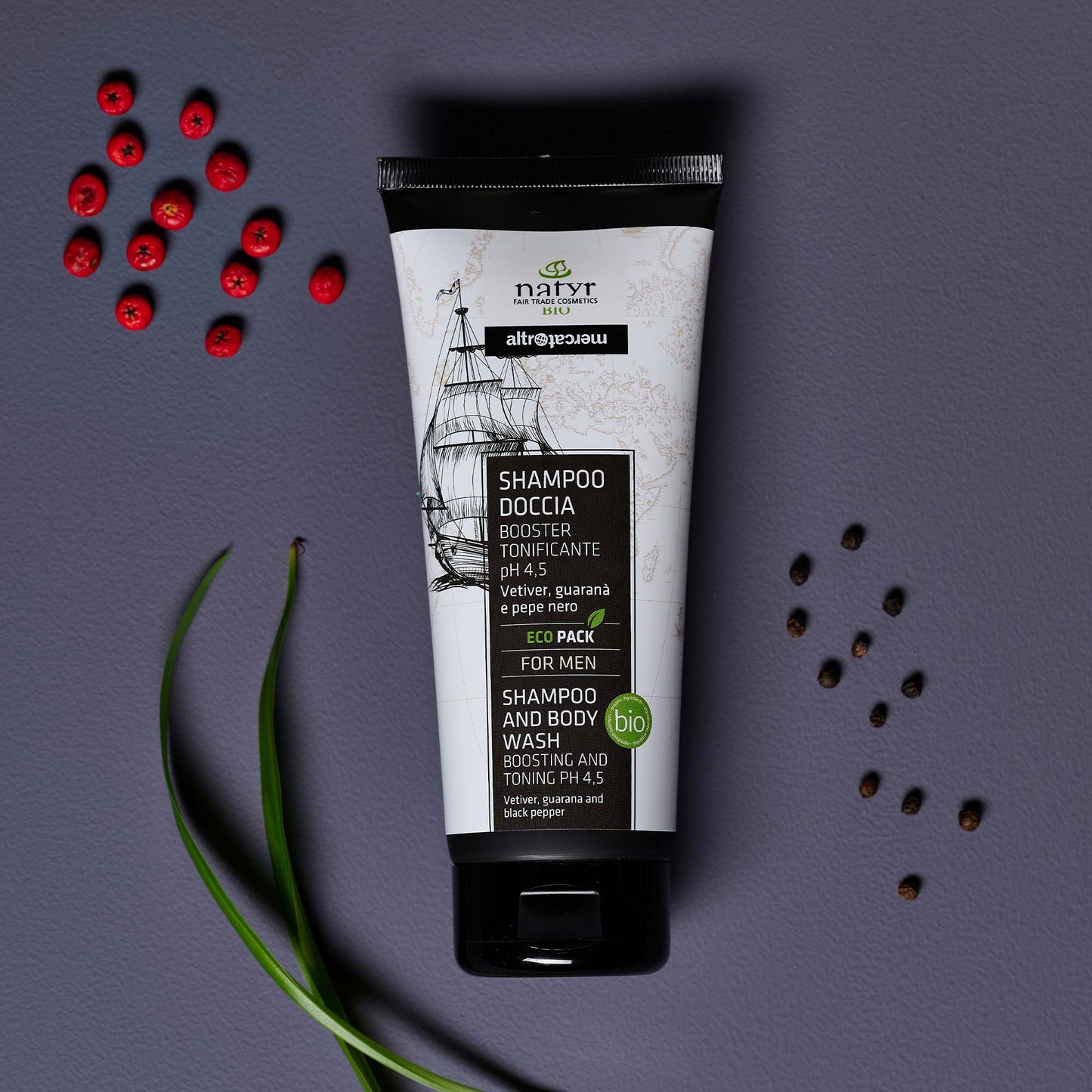Shampoo doccia uomo vetiver, pepe nero e guaranà - bio | 200 ml