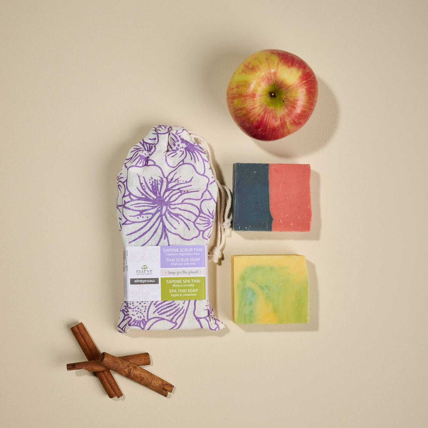 Coppia di saponi artigianali thai scrub rosa + SPA mela e cannella | 100 g x 2