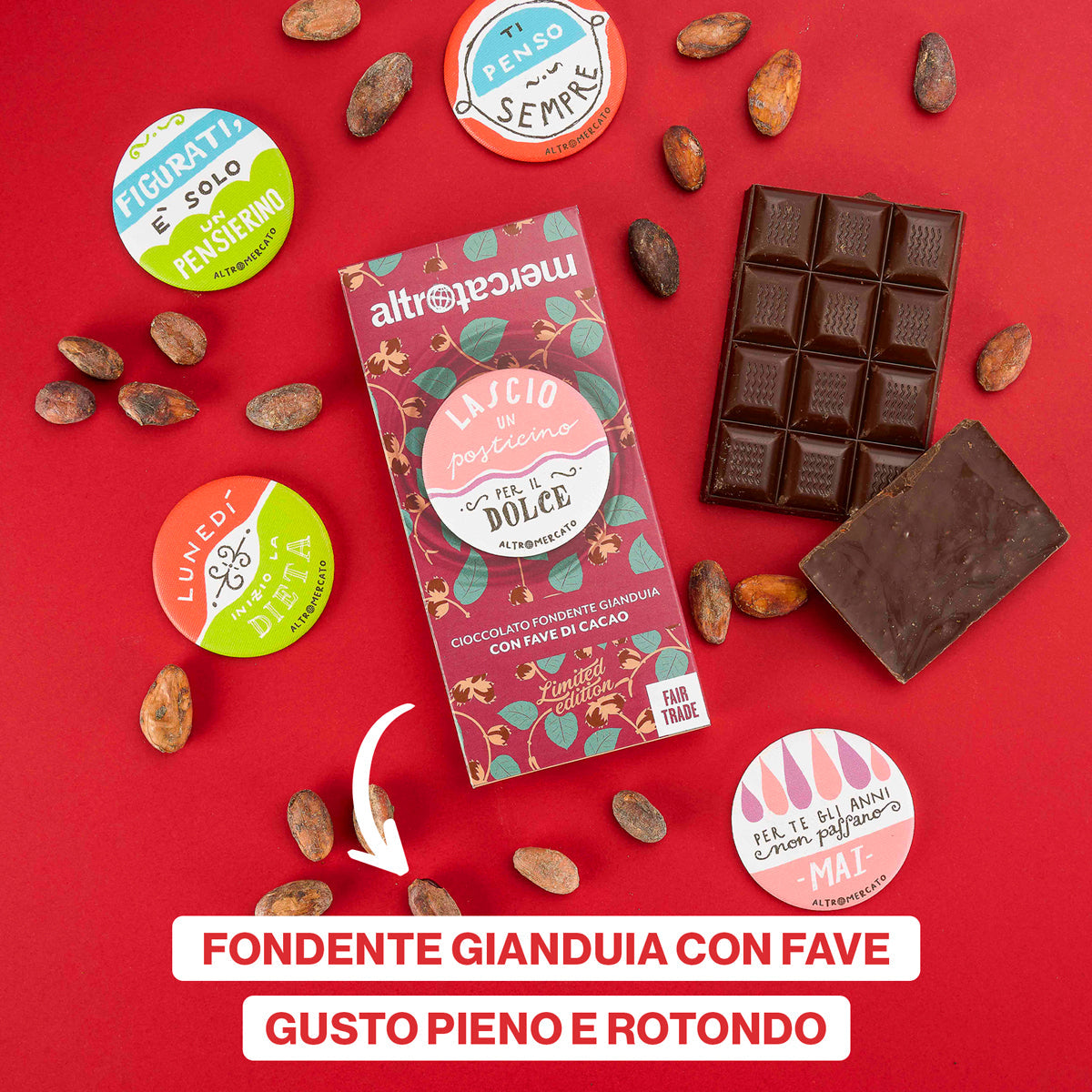 Cioccolato fondente gianduja con fave di cacao 100 g + calamita OMAGGIO