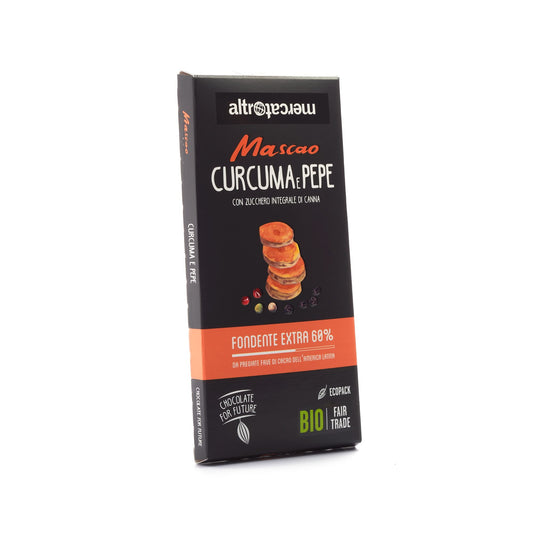 Scatola da 22 tavolette di cioccolato Mascao fondente extra con curcuma e pepe - bio | 22x100 g